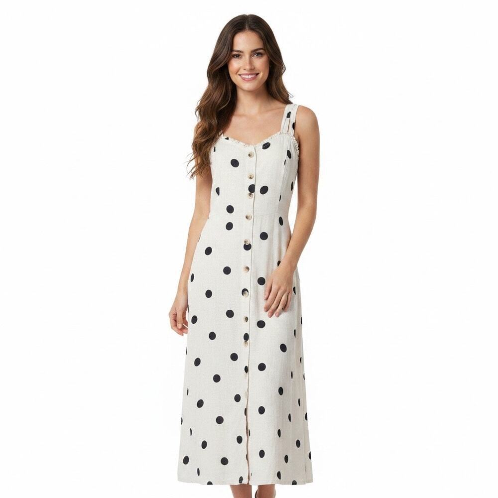 Sincerely Jules Linen Blend Cream Polka Dot Button Front Midi Dress XL Prairie